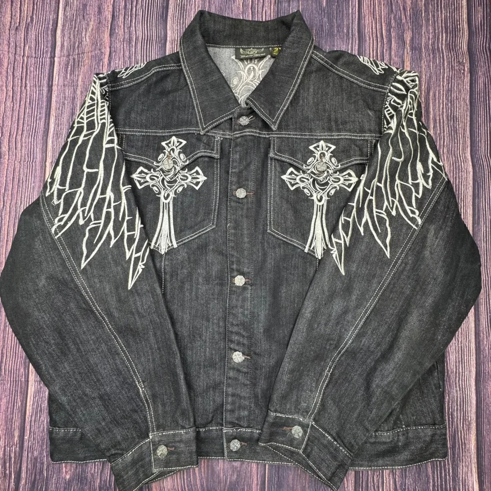 Raw Blue Denim Set 2XL/38x34 Black Gothic Cross Embroidered Y2K Streetwear Suit
